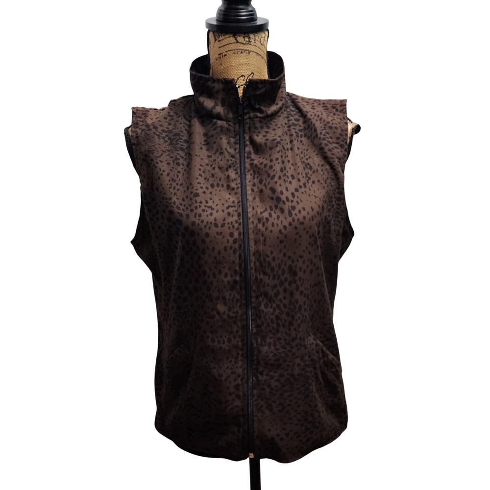 Haley Women's Leopard Print Sleeveless Zip‎ Up Vest Size M Brown